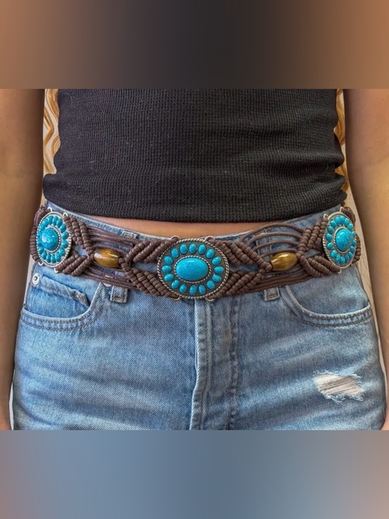 Accessories - Amaya Dark Brown Boho Braided Turquoise Concho Macrame Woven Belt